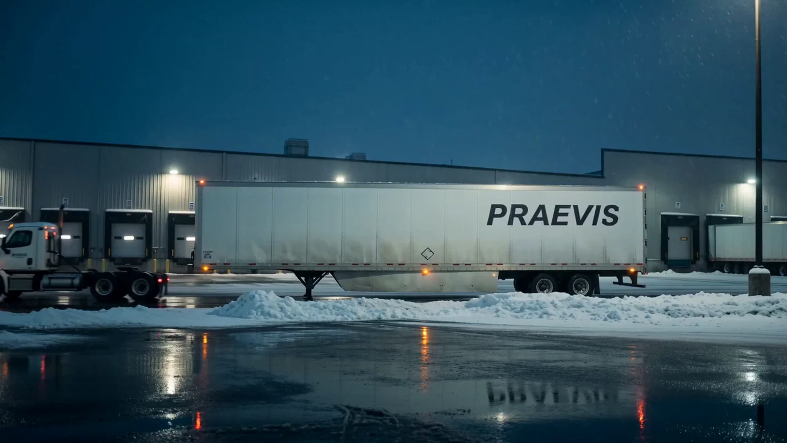 Wide exterior view of the PRAEVIS commercial trailer in a snowy terminal