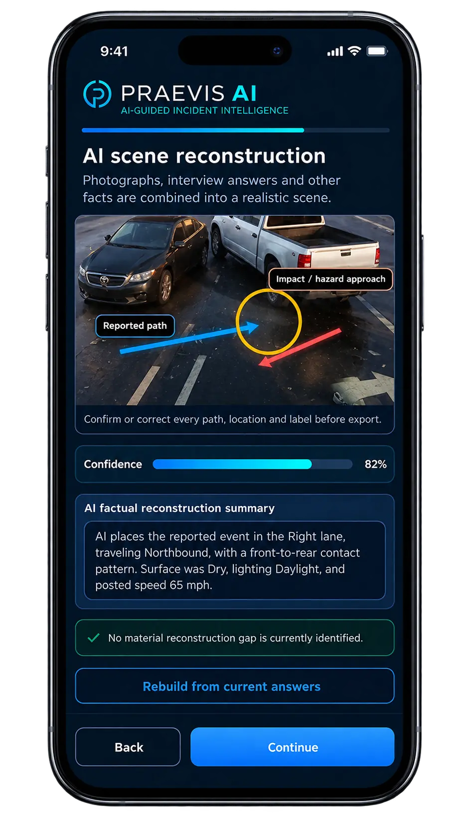 Example PRAEVIS AI scene reconstruction with reporter review controls