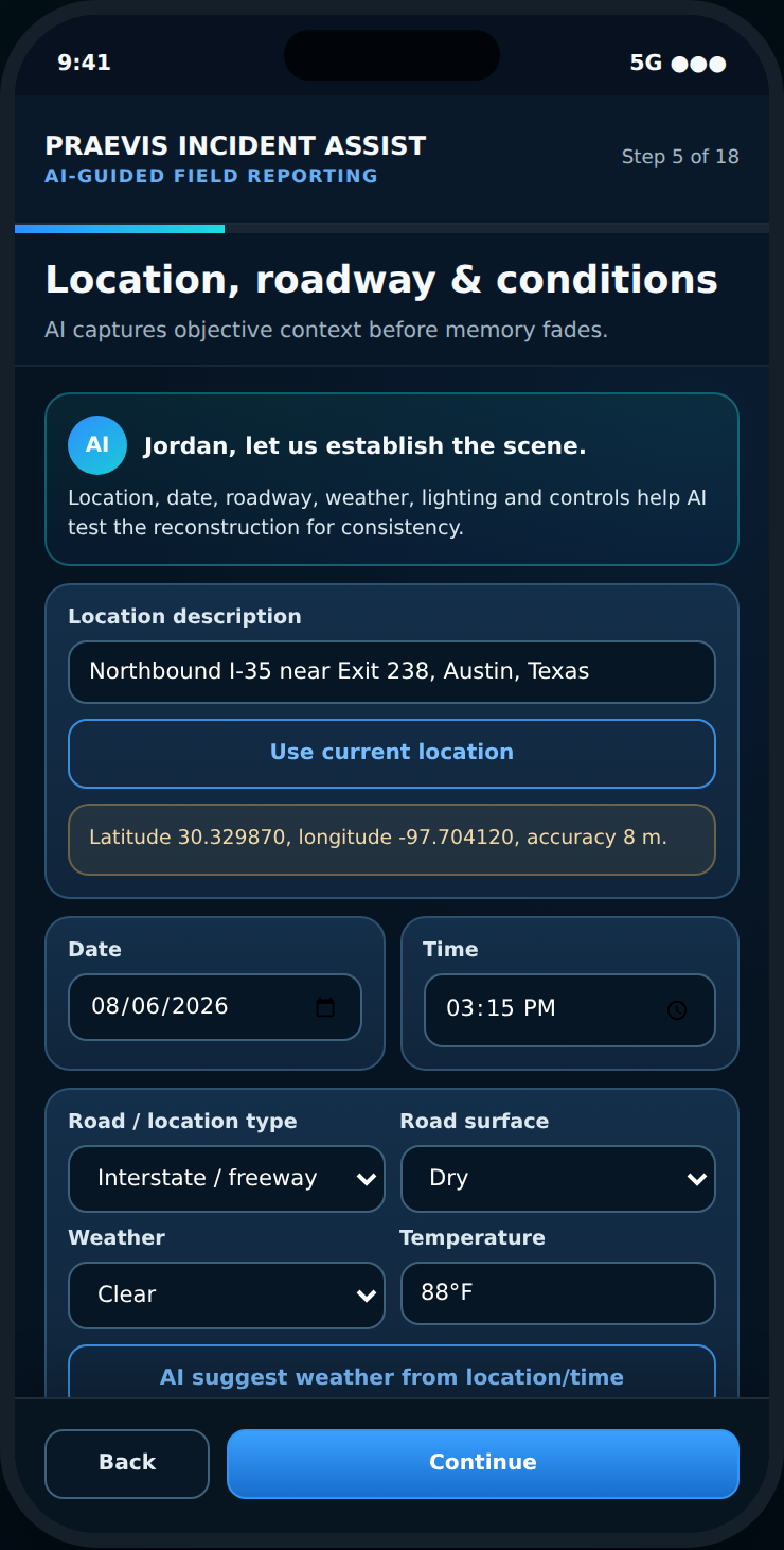 Location and road conditions confirmation screen