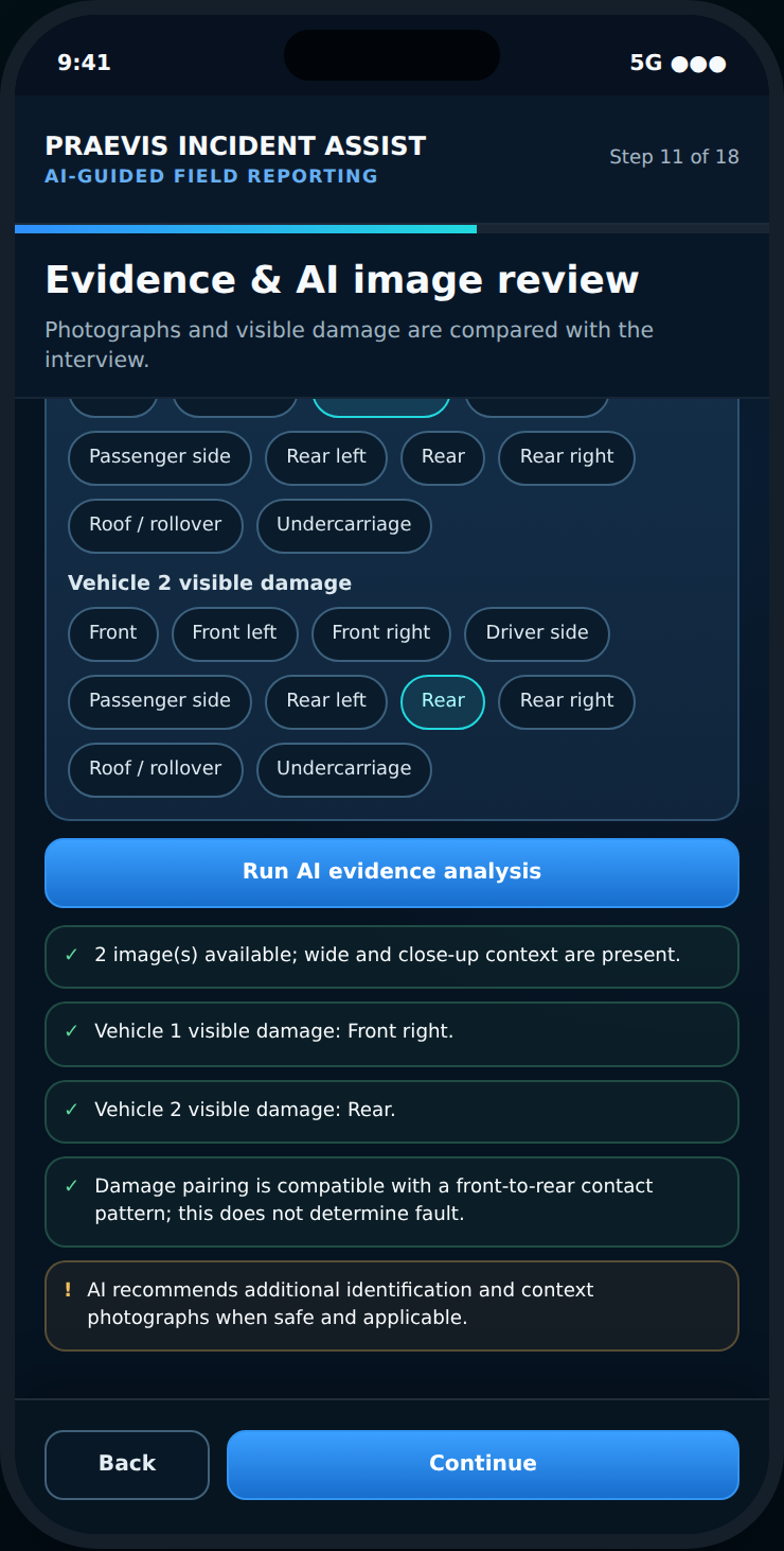 PRAEVIS AI evidence analysis screen